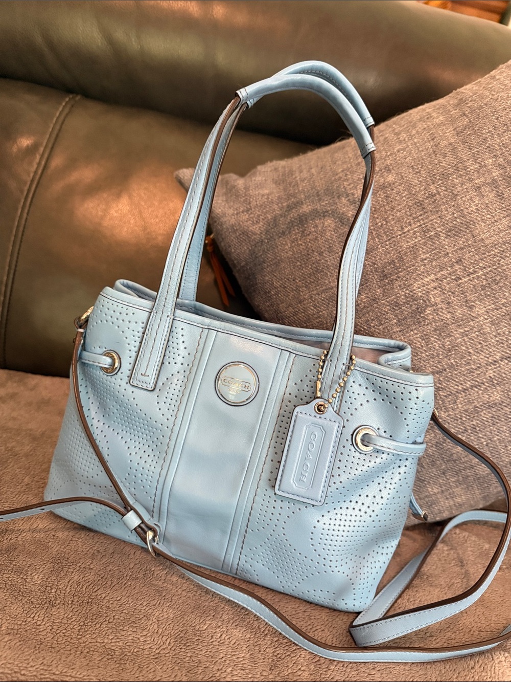 Coach Mini Carry All Perforated Leather Shoulder Tote in Sky Blue
